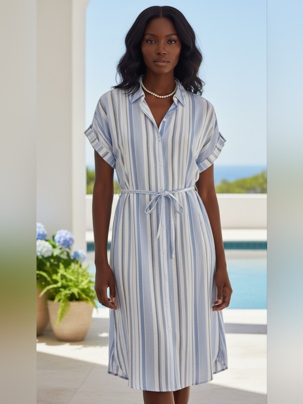 "New Directions Blue White Striped Shirt Dress Midi L"